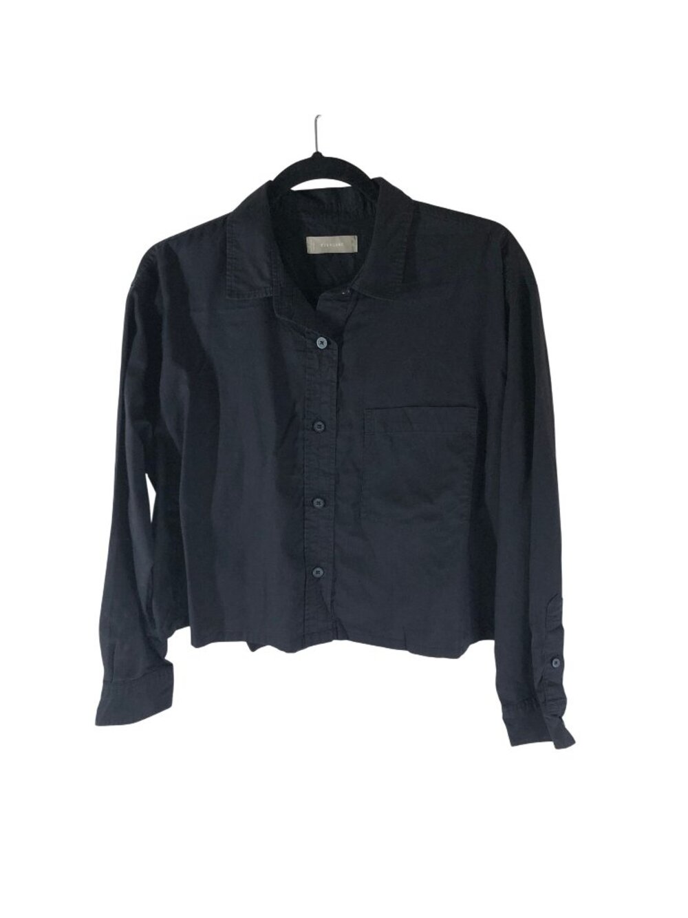 Everlane Womens Shirt The Way-Short Silky Cotton Cropped Button Down Black L